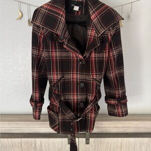Chocolate brown and Plaid Women's Jacket with Belt